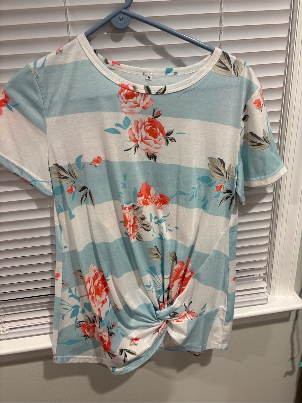 Floral Stripe Twist-Front Tee - Light Blue & White